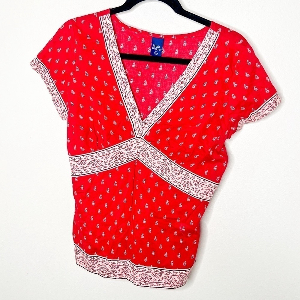 Y2K Red V-Neck Boho Tie Back Blouse Size Medium